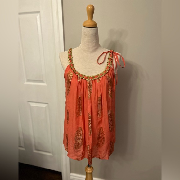 Milly Silk long tank top - Coral & Gold - SZ 4 - Picture 1 of 3